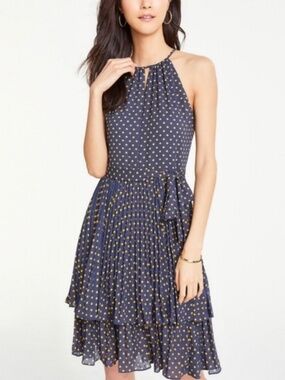 Ann Taylor Navy Halter Dress with Yellow Polka Dots pleated size 0